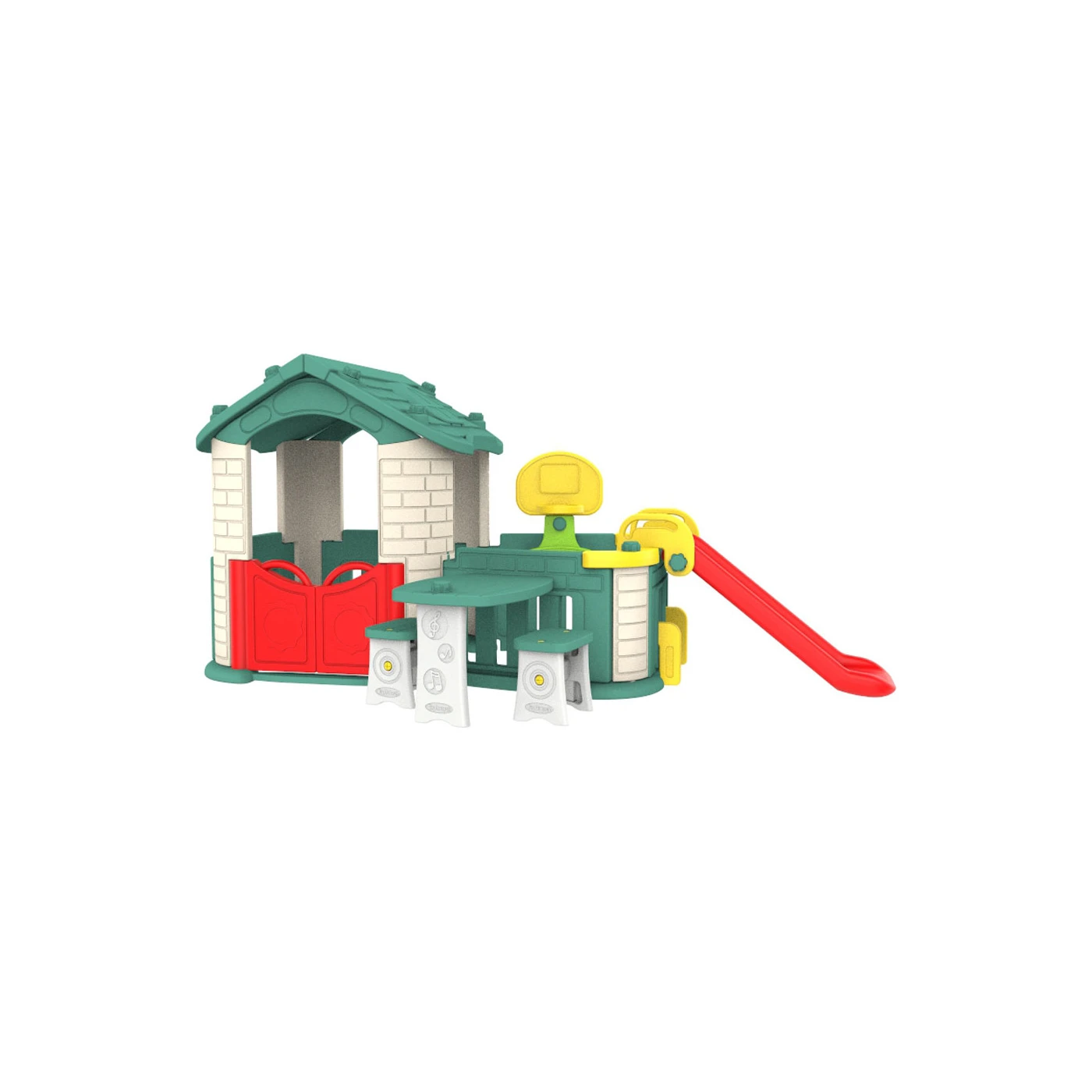 Záhradný domček 5v1 so šmýkačkou, basketbalom a stolom zelený