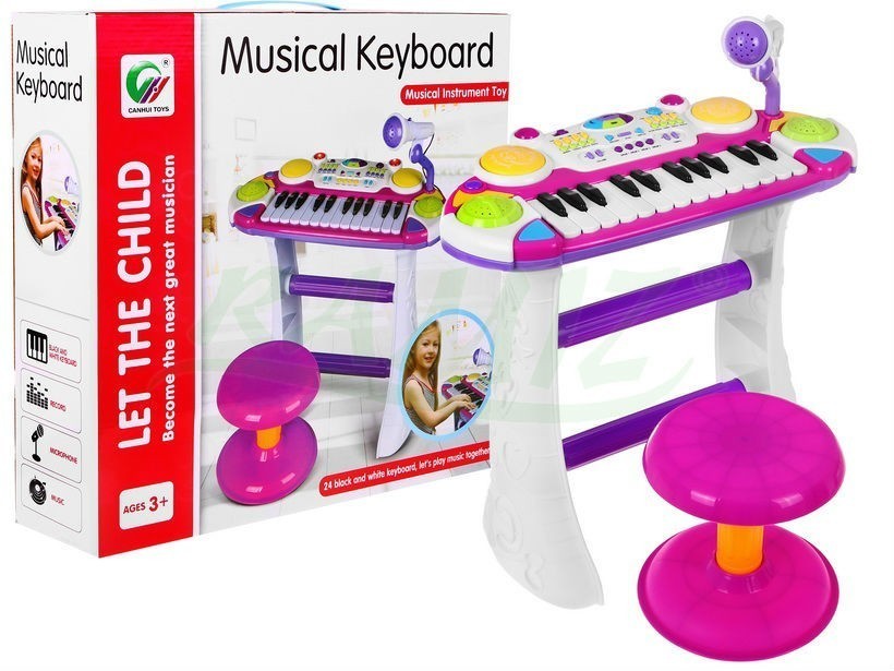 Multifunkčné piano s keyboardom + bicie + mikrofón + stolička ružové