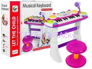 Multifunkčné piano s keyboardom + bicie + mikrofón + stolička ružové